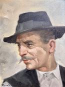 Continental school : Portrait of a man in a fedora, oil on canvas, 39.5cm by 29.