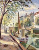 Continental school : Boats on a canal, oil on canvas,