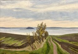 Continental school : Landscape with sea beyond, oil on canvas, indistinctly signed,