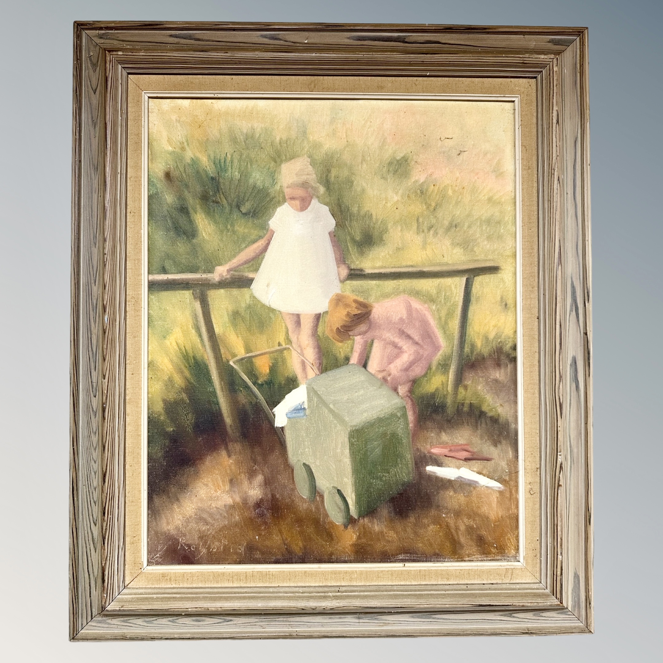 Continental school : Two girls with a doll's pram, oil on canvas, - Image 2 of 2