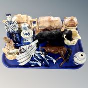 A tray of cottage ware, china, delft ceramics,