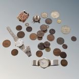 A small box of antique and later coins, wrist watches,