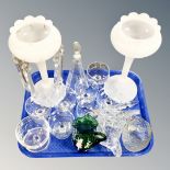 A tray of pair of opaque table lustre's with crystal drops,