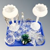 A tray of pair of opaque table lustre's with crystal drops,