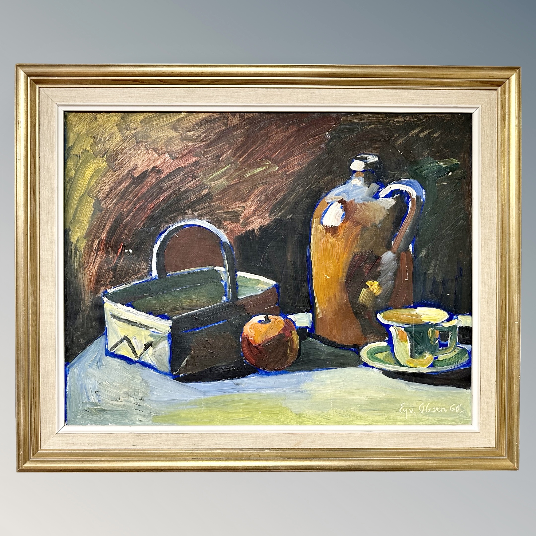 Continental school : Still life of fruit, basket and pottery, oil on canvas, - Image 2 of 2