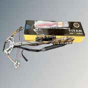 A Titan 200lb draw weight crossbow with several bolts, telescopic sight,