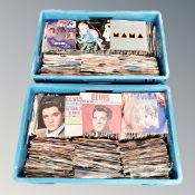 Two boxes of vinyl 45 singles : Elvis, Genesis, Dusty Springfield, Thompson Twins,