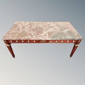 A French style rectangular coffee table with faux marble top