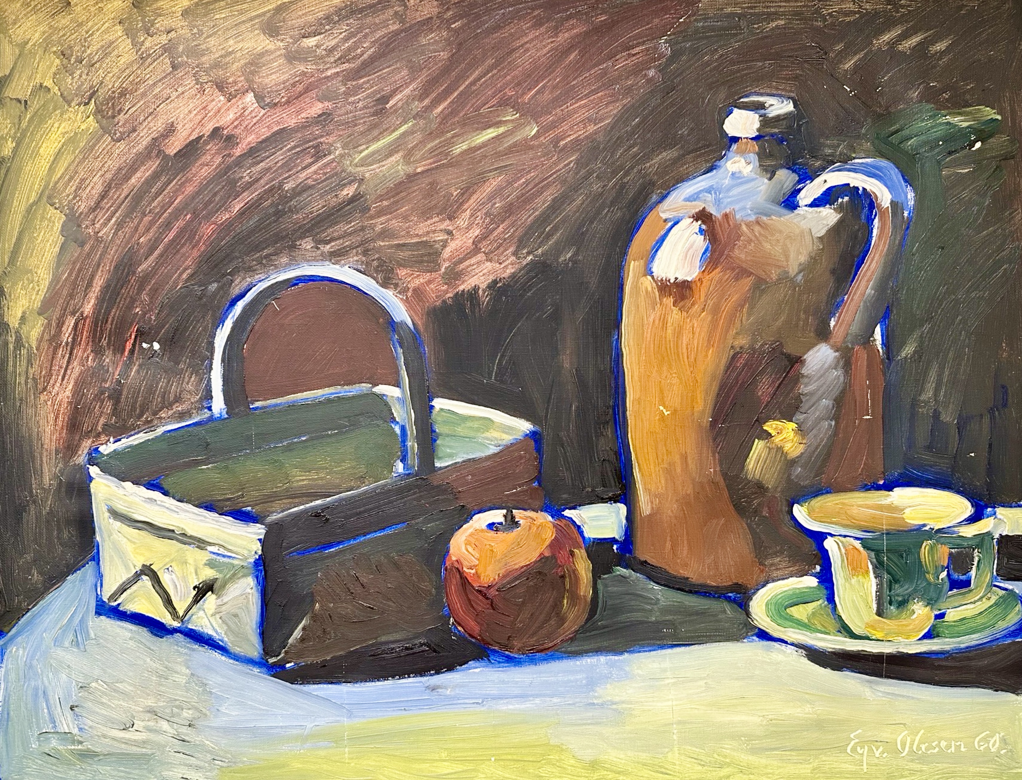 Continental school : Still life of fruit, basket and pottery, oil on canvas,