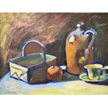 Continental school : Still life of fruit, basket and pottery, oil on canvas,