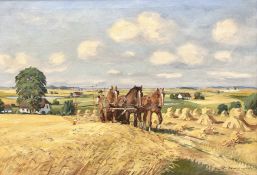 Continental school : Work horses in a hay field, oil on canvas, indistinctly signed,