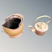 A Victorian copper coal bucket and a kettle