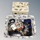 A basket of assorted costume jewellery and jewellery box