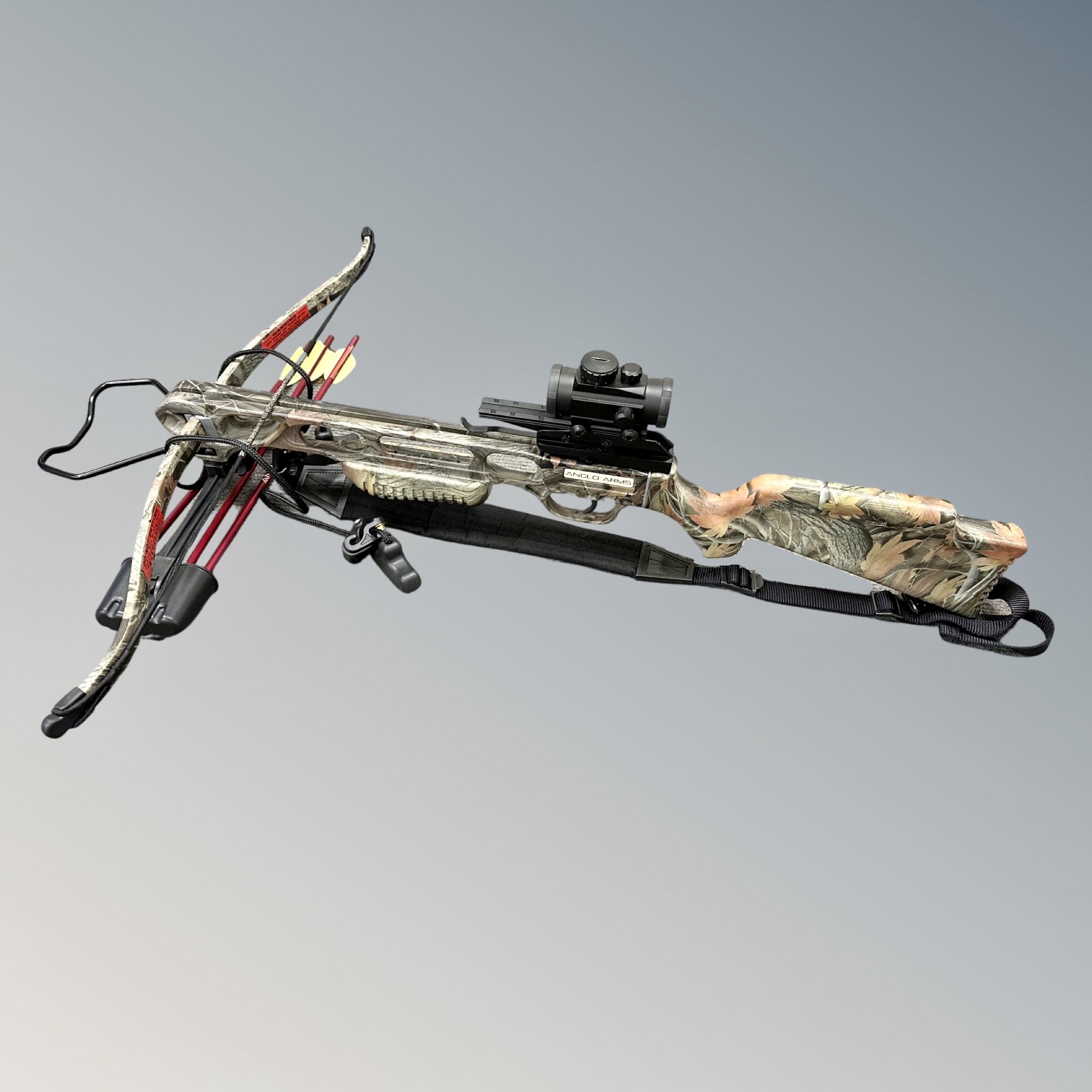 An Anglo Arms crossbow with several bolts, scope, camo stock and drawing pull cord.