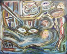 Continental school : Abstract faces, oil on board, indistinctly signed verso,