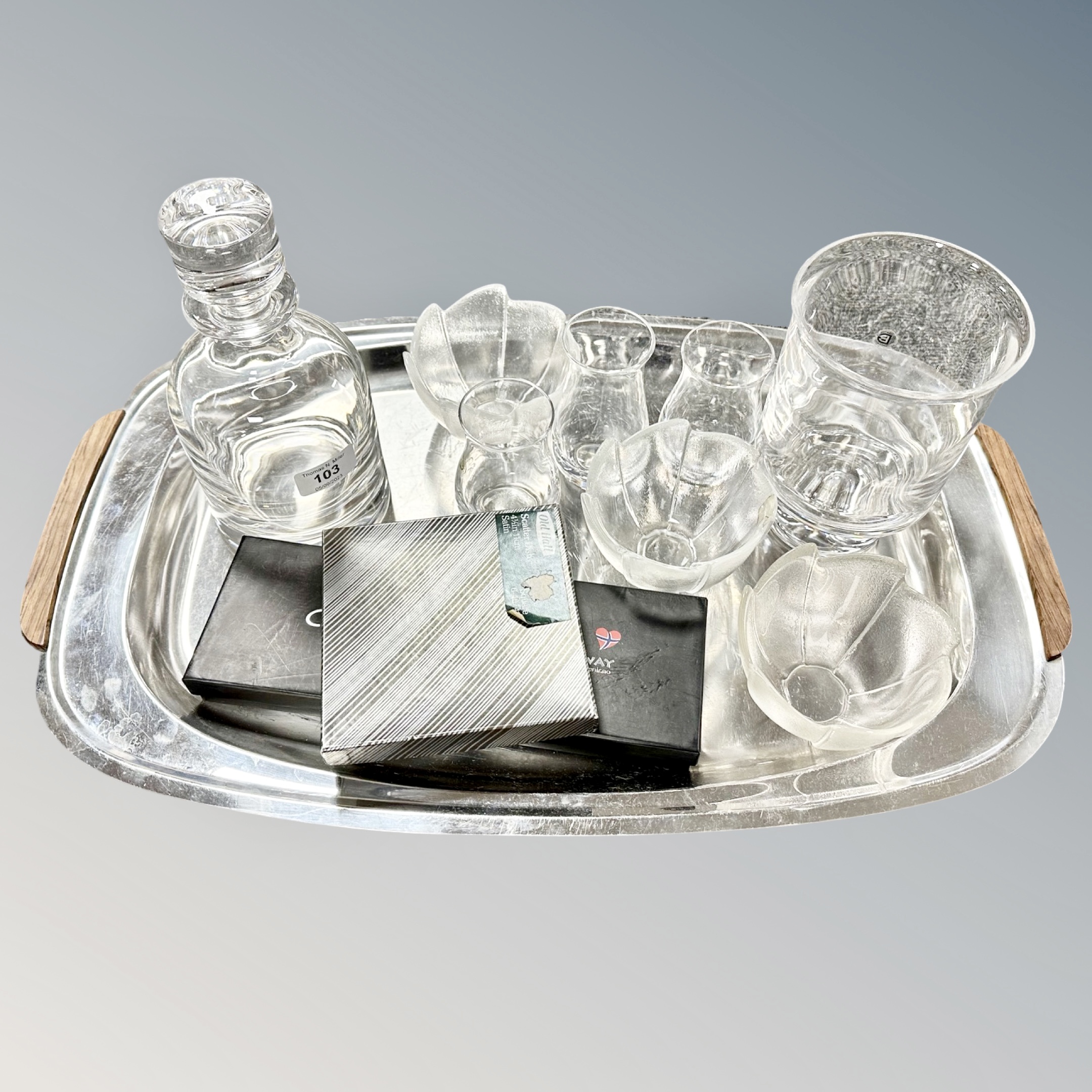 A stainless steel 1970's wooden-handled tray, together with 8 pieces of glassware,