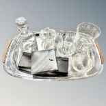 A stainless steel 1970's wooden-handled tray, together with 8 pieces of glassware,