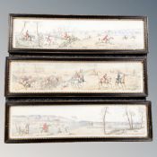 Three 19th century hand coloure hunting engravings in Hogarth frames