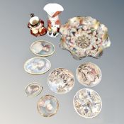 A tray of petrol glass dish, brass framed portrait miniatures,