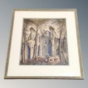 Late 19th century British School : A Gentleman and lady near a ruin, watercolour,