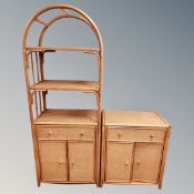 A cane low cupboard with matching what-not stand