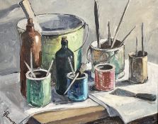 Continental school : Still life of artist's brushes and paints, oil on canvas,