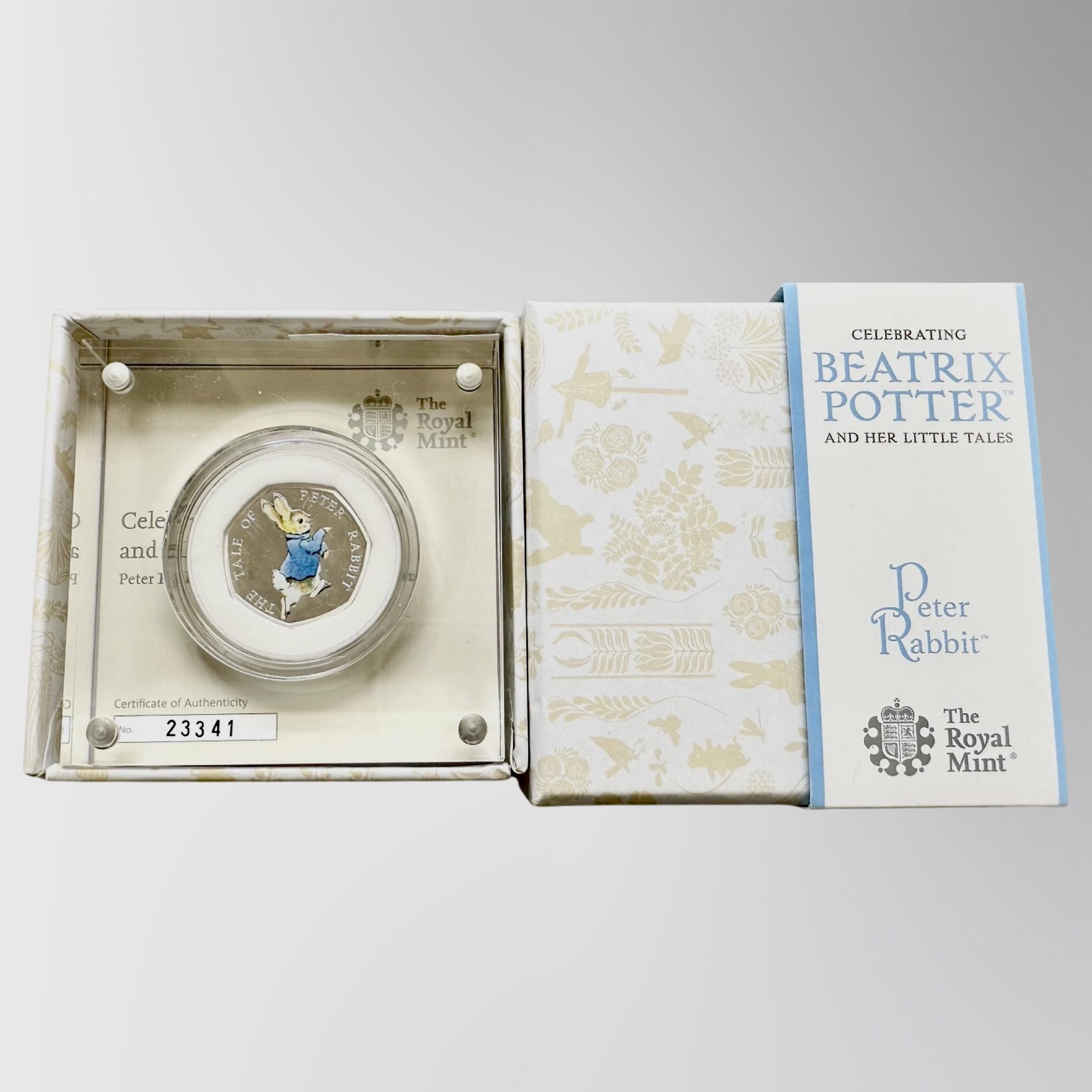 The Royal Mint : Beatrix Potter - Peter Rabbit, 2017 UK 50p Silver Proof Coin, with papers, boxed.