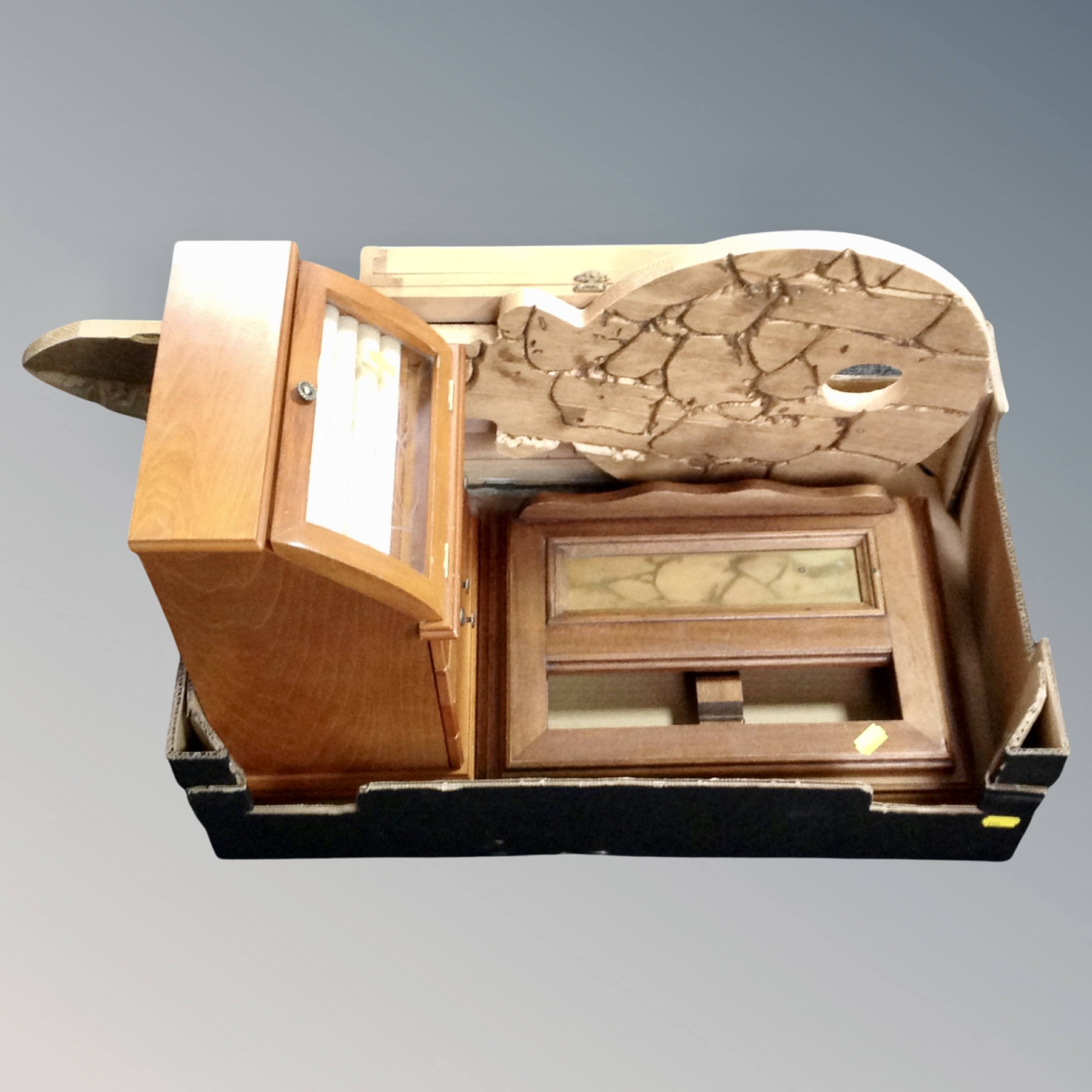 A box of contemporary jewellery box, wooden sign in the form of a key, artist's box,