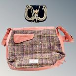 A small evening bag with thread decoration together with a leather & tartan Radley shoulder bag