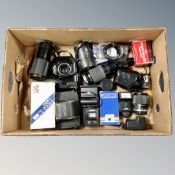 A box of Canon T90 camera body, related accessories Yashica lenses, flashes,