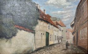 Continental school : Cobbled street scene, oil on canvas,