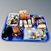 A tray of vintage die cast cars, glass marbles, tin plate wind up circus wagon,