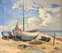 Continental school : Boats on a beach, oil on canvas,