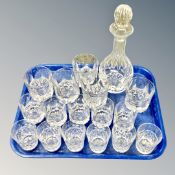 Two trays of various sets of glasses, decanter with stopper,