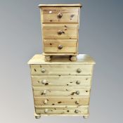 A contemporary pine five drawer chest and matching three drawer chest