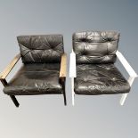 Two Scandinavian black leather oak framed armchairs (one painted)