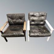 Two Scandinavian black leather oak framed armchairs (one painted)