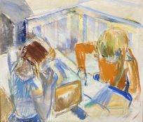 Continental school : Two girls drawing, oil on canvas,