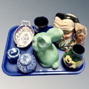 A tray of Sylvac rabbit, Doulton character jug - Merlin, Moorcroft vase,