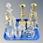 A tray of a pair of King of Diamonds brass candlesticks, soda syphon, decanter with stopper,