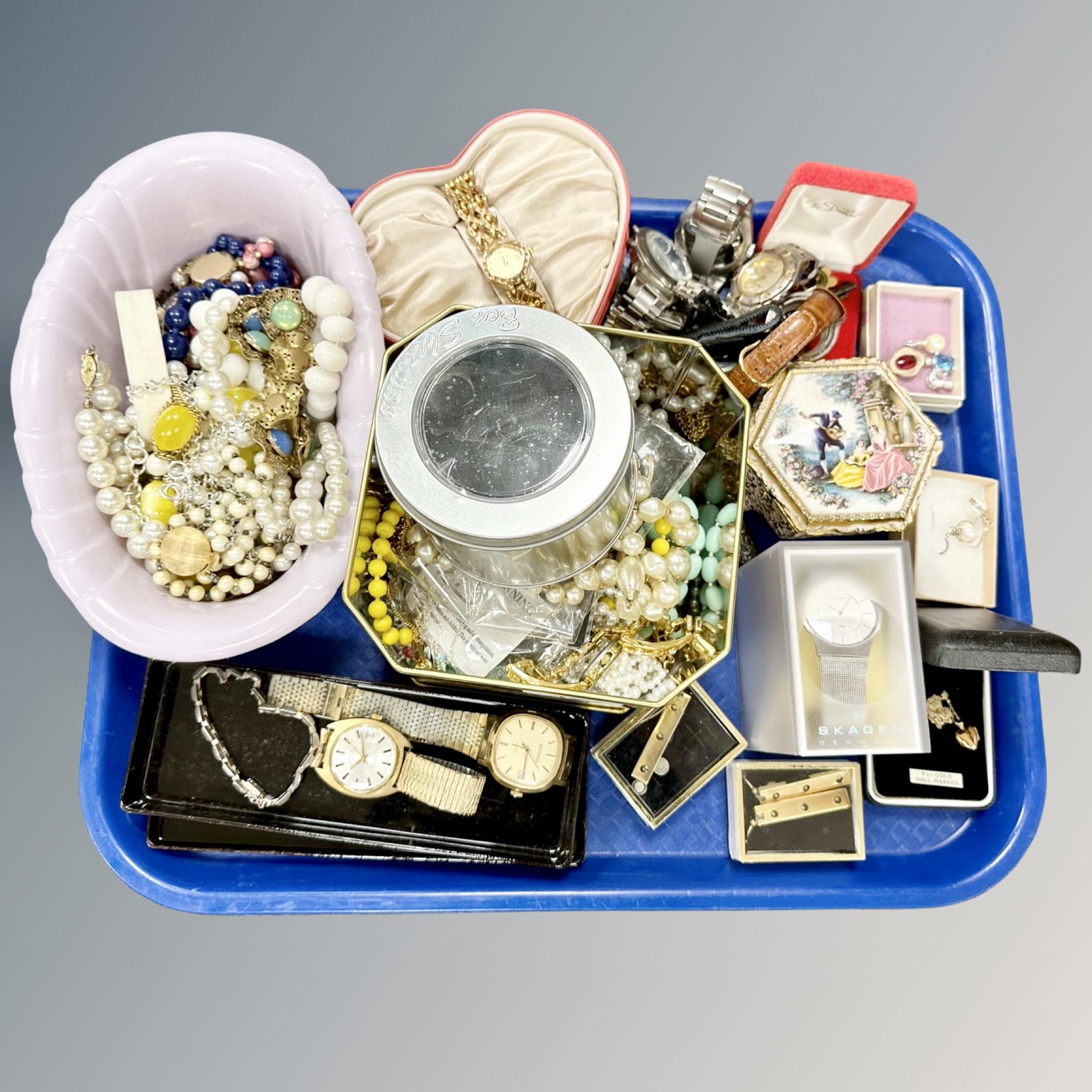 A tray of costume jewellery, silver bracelet,