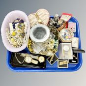 A tray of costume jewellery, silver bracelet,