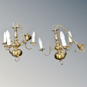 Two contemporary three-branch brass ceiling lights