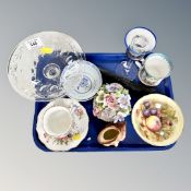 A tray of glass comport, pair of Chinese rice bowls, china flower posy,