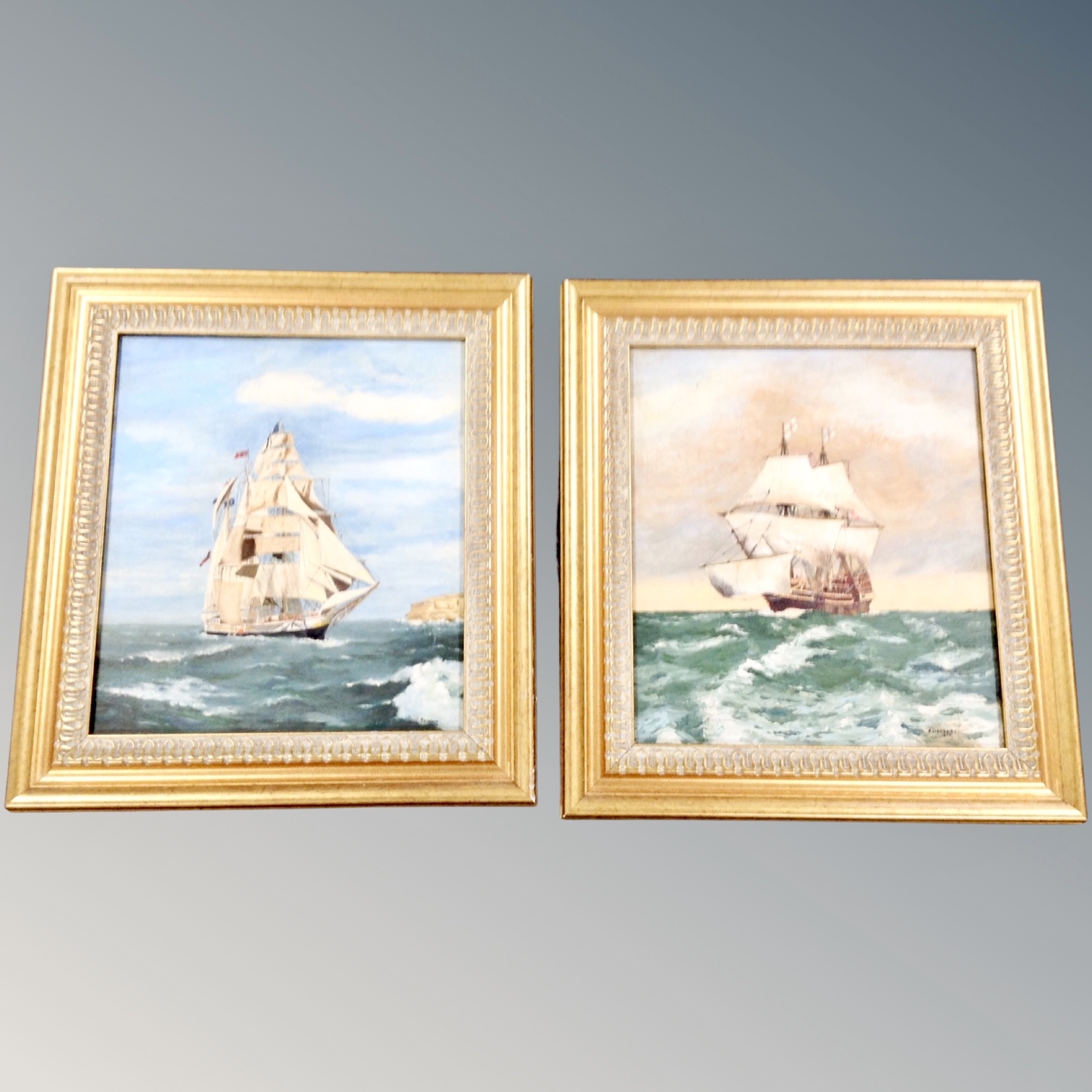 F Linfoot : A pair of oils on board depicting tall ships at sea, signed and dated 1974.