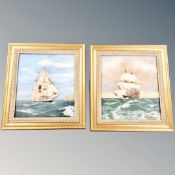 F Linfoot : A pair of oils on board depicting tall ships at sea, signed and dated 1974.