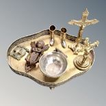 A silver plated gallery tray containing plated bowl, two brass crucifix,