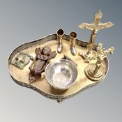 A silver plated gallery tray containing plated bowl, two brass crucifix,