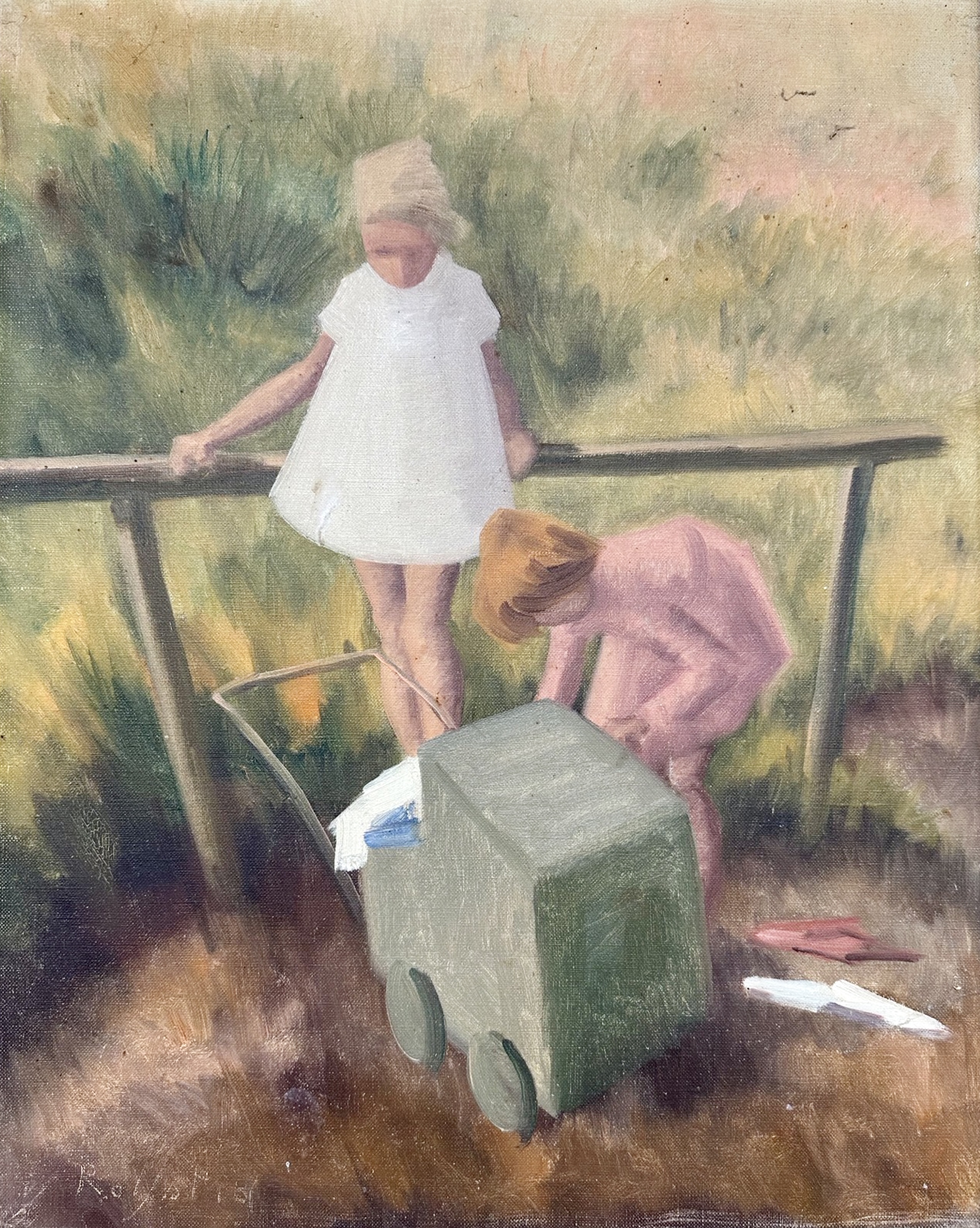 Continental school : Two girls with a doll's pram, oil on canvas,