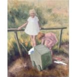 Continental school : Two girls with a doll's pram, oil on canvas,